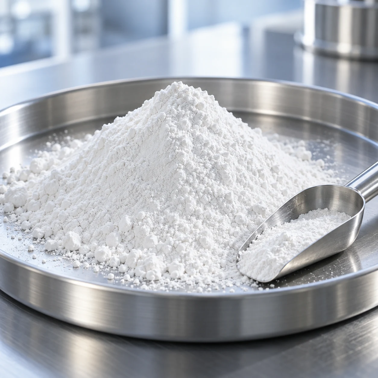 Illustrative fine powder and sampling scoop on a stainless steel tray